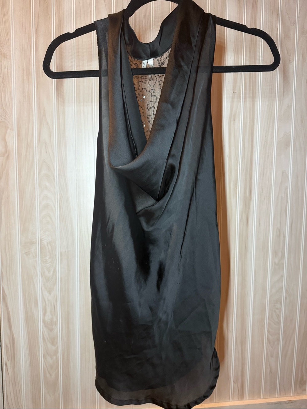 Black Satin Drape Neck Sleeveless Dress